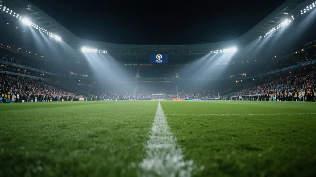 夜晚球场看台与战术灯光氛围，揭幕战紧张感