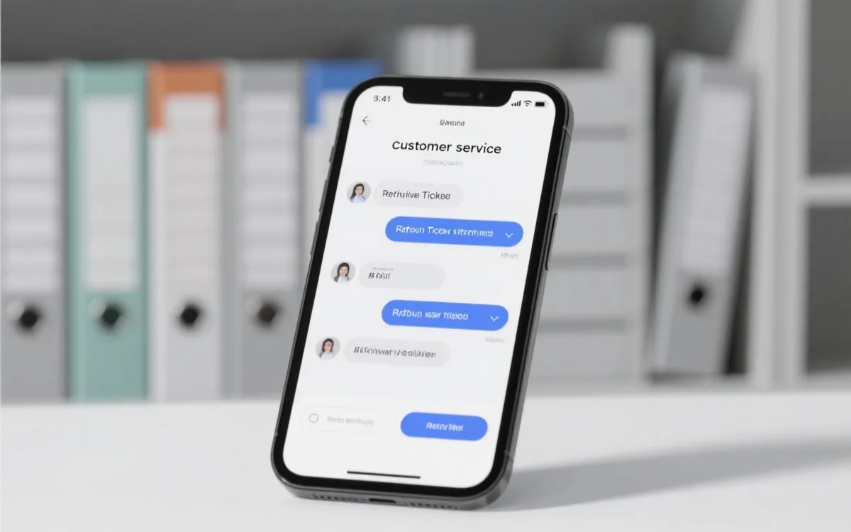 手机屏幕展示客服聊天记录与退款工单编号，旁边放着整理好的文件夹列表