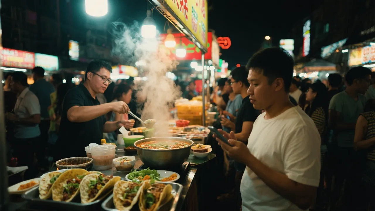 夜晚街边摊与球迷人群，塔可与热汤的氛围感画面