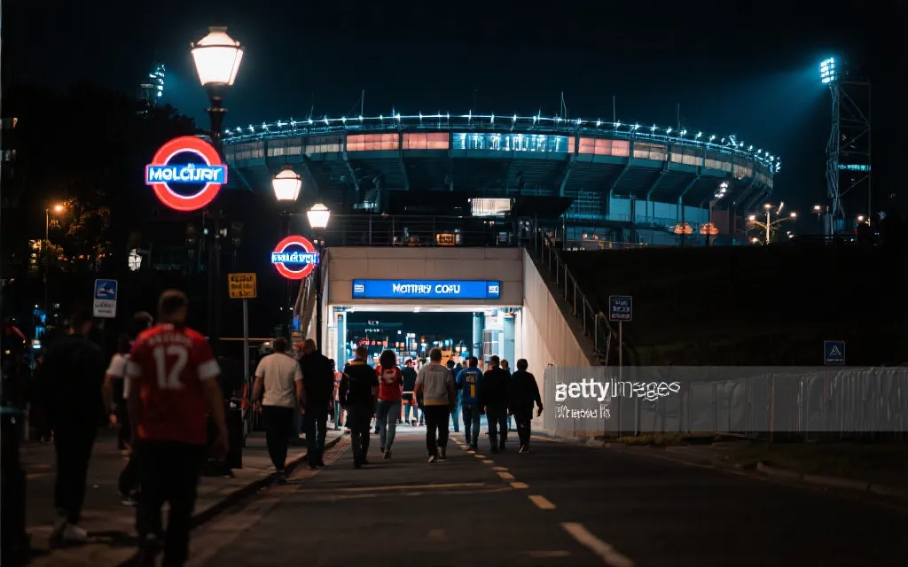 北美城市夜晚的球迷步行回程场景：灯光下的人群与地铁入口，强调安全与动线