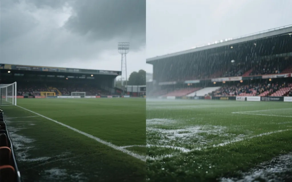 比赛前球场在不同天气条件下的画面，显示风、雨、草皮状态对比赛节奏的影响