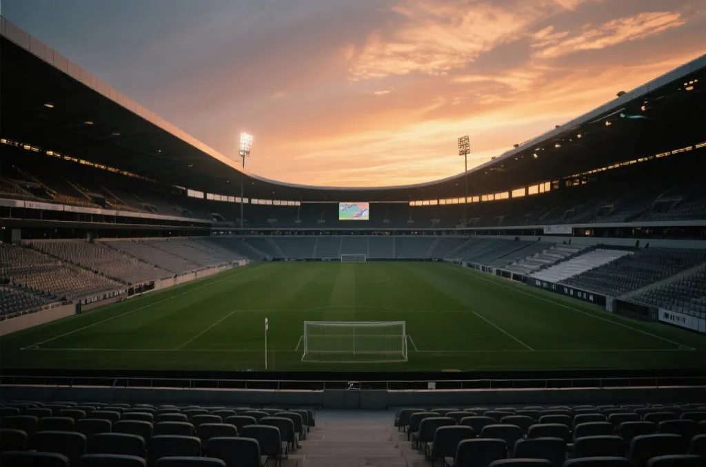 A modern majestic soccer stadium during a golden sunset with empty green pitch